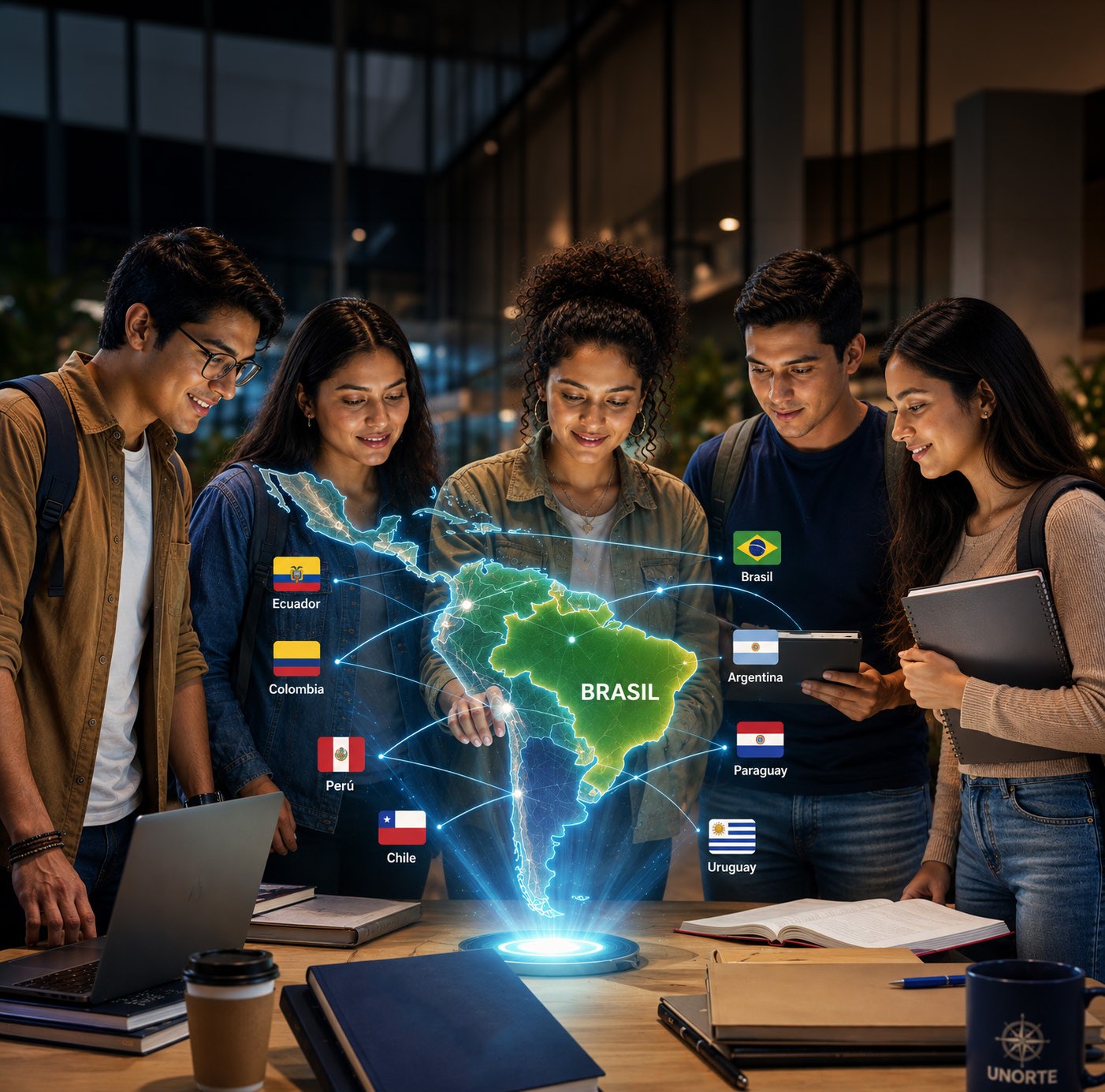 Estudiantes internacionales frente a un mapa de América Latina conectado con Brasil