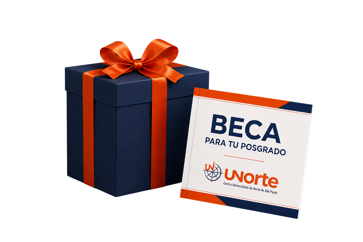 Caja de regalo azul con lazo naranja junto a una tarjeta: Beca para tu posgrado UNORTE